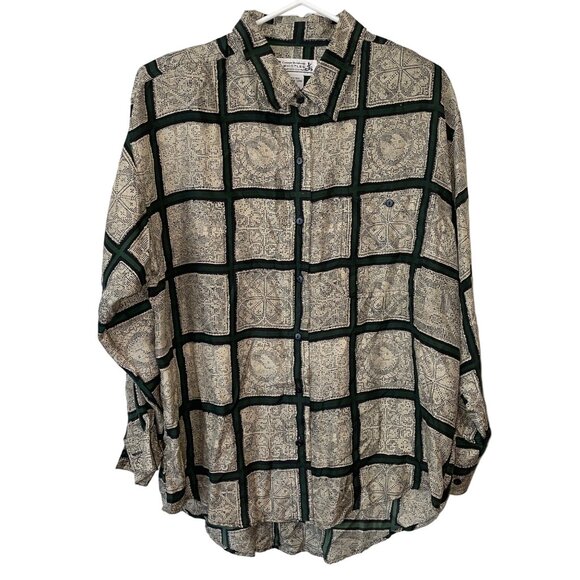 Vintage Whistles Compagnie Internationale 100% Silk Button-Up Shirt Size L Geome - Picture 1 of 5